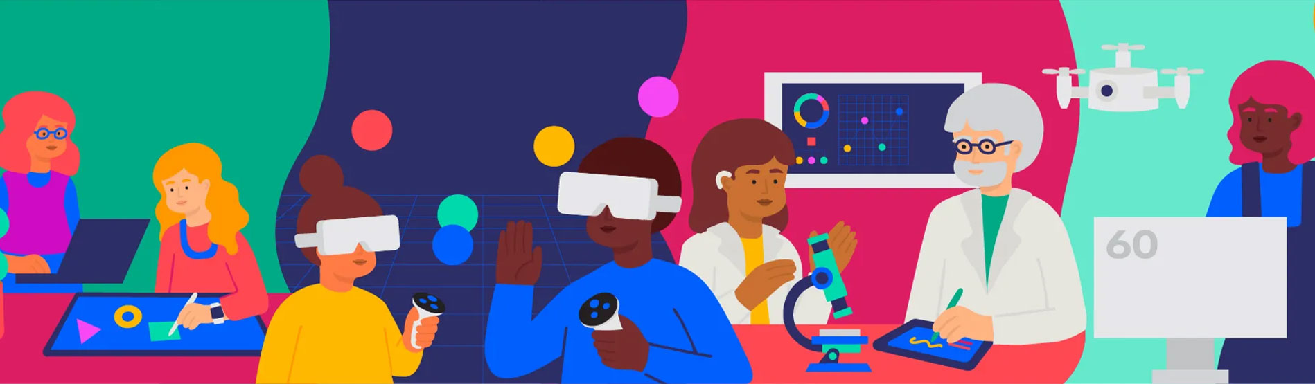 A colorful, stylized digital illustration showcasing various aspects of science and technology.
