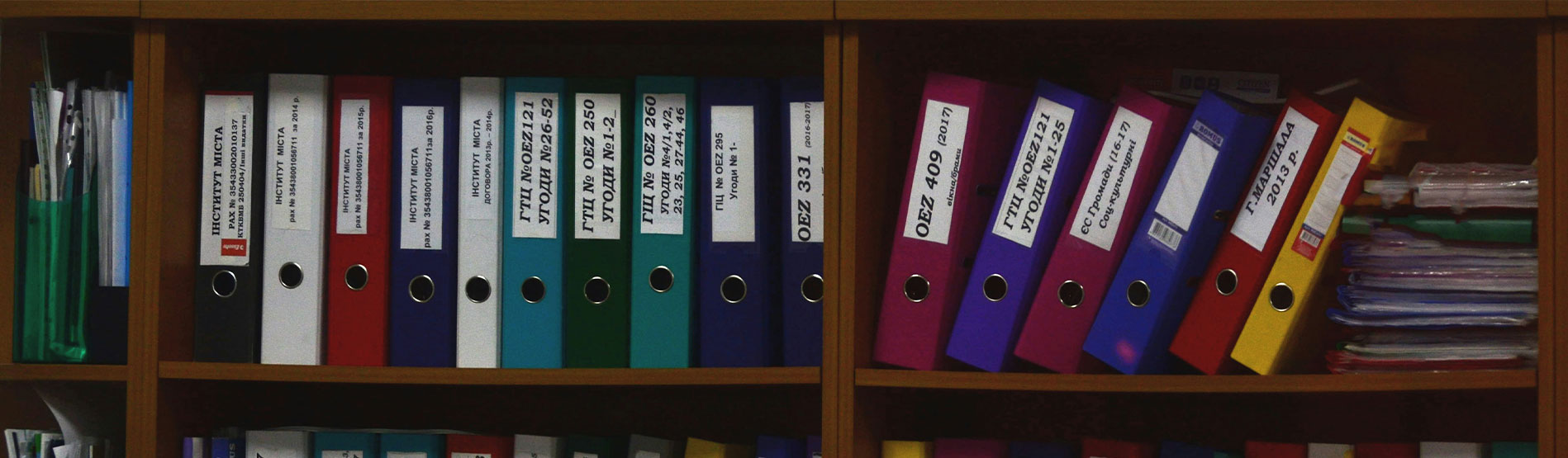 A row of folders on a shelf