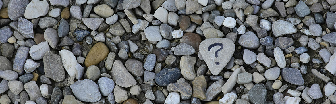 Some rocks on a beach, one has a question mark on it