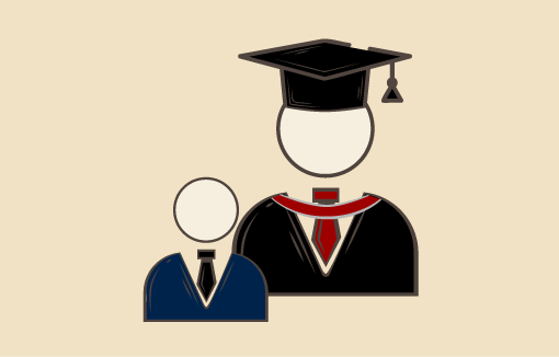 An illustration of a graduate overshadowing a school student