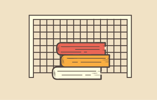 An illustration of a sport goal with books stacked in front of it