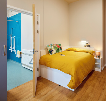 An image of an accessible room in student accommodation on Bay Campus. 
