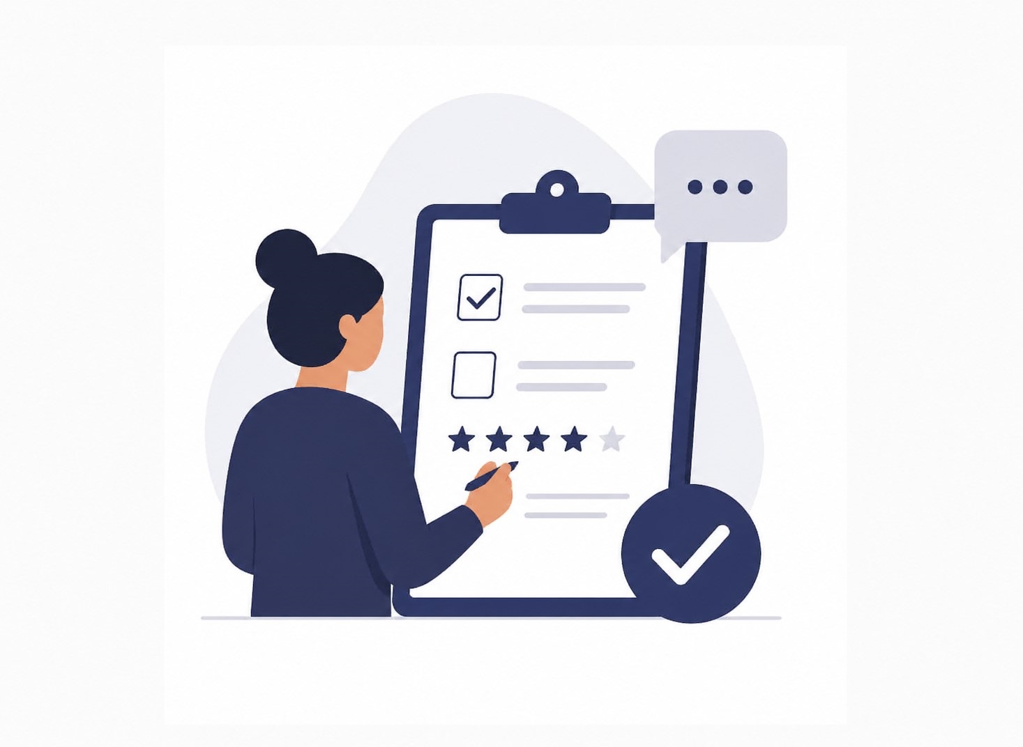 Illustration of a person completing a survey on a clipboard with checkboxes and star ratings