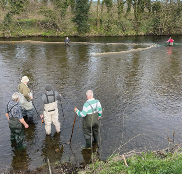 4 people in waders standing in a river