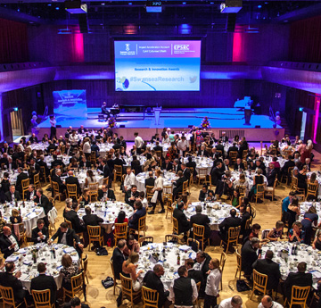 Looking down at People sitting around tables dressed in formal wear in the Great Hall