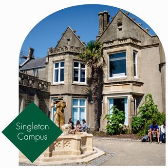 An arch with an aerial view of the buildings on singleton campus with a green diamond and text for singleton campus