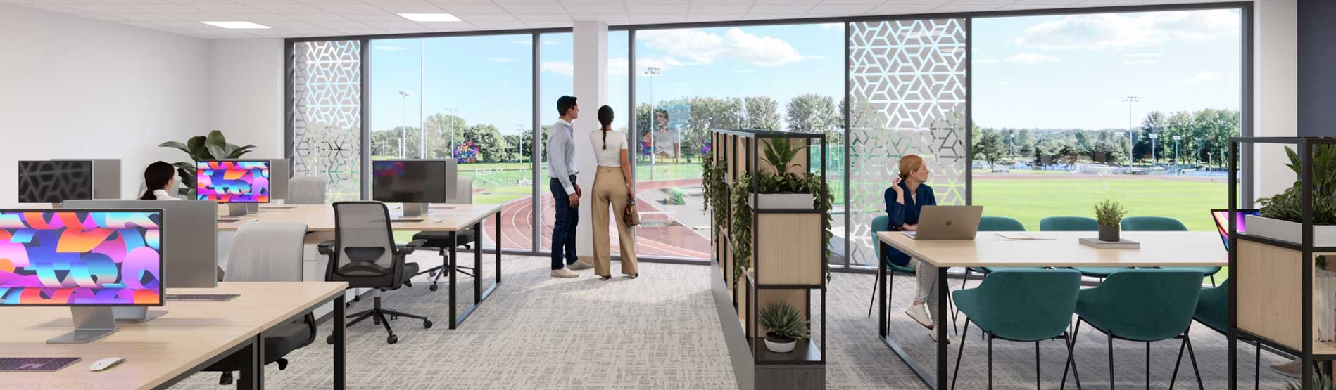 A CGI image of the inside of the new NISH building on Sketty Lane, Swansea, looking out onto the track at Swansea Bay Sports Park.