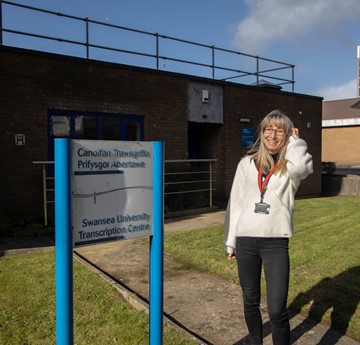 Tina Webber outside the Transcription Centre 