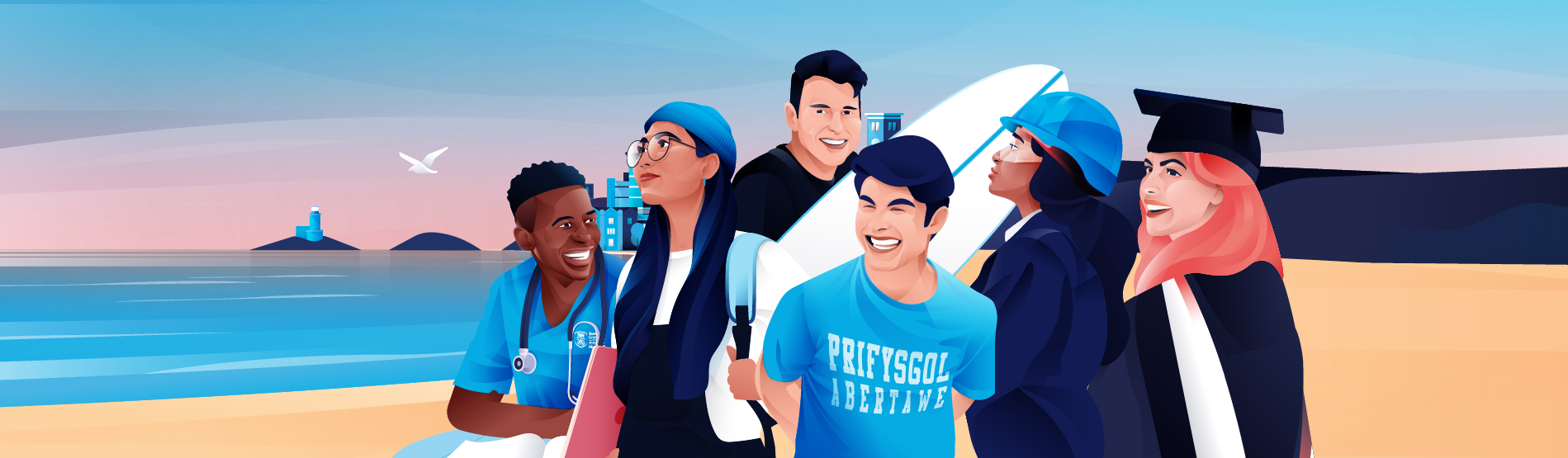 An illustration graphic of Swansea University students.