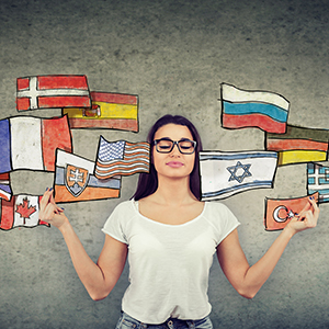 photo of girl surrounded by hand drawn flags