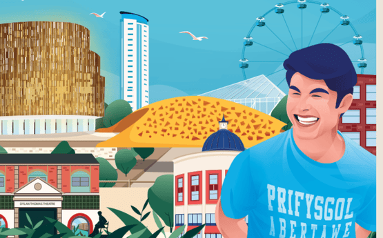 Darlun o fyfyriwr yn gwisgo crys-T Prifysgol Abertawe