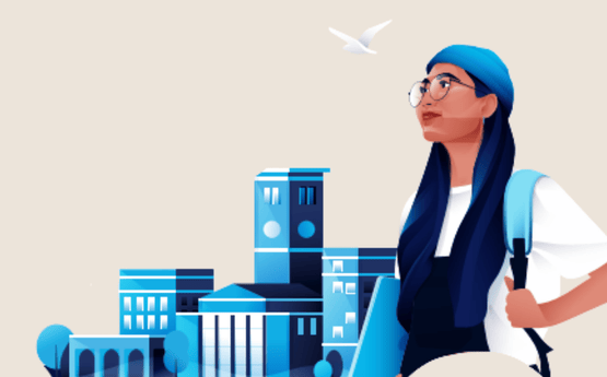 Darlun o fyfyriwr gyda sach gefn a gliniadur