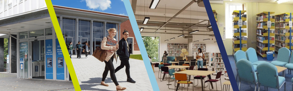 Images of the Swansea university libraries divided by colourful diagonal lines. From left to right Singleton, Bay, South Wales Miners' Library, St. David's.
