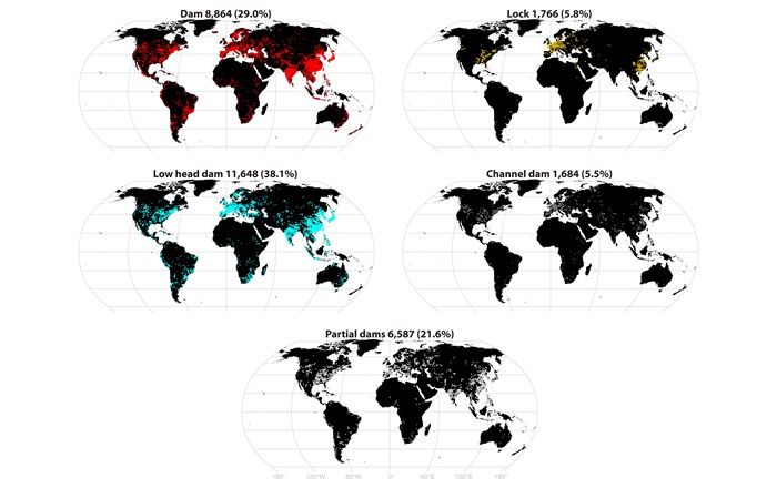 Dosbarthiad byd-eang, cyfrifon a chanrannau pum math o isadeiledd (argaeau, argaeau isel, lociau, argaeau mewn sianeli ac argaeau rhannol) yn y Global River Obstructions Database.