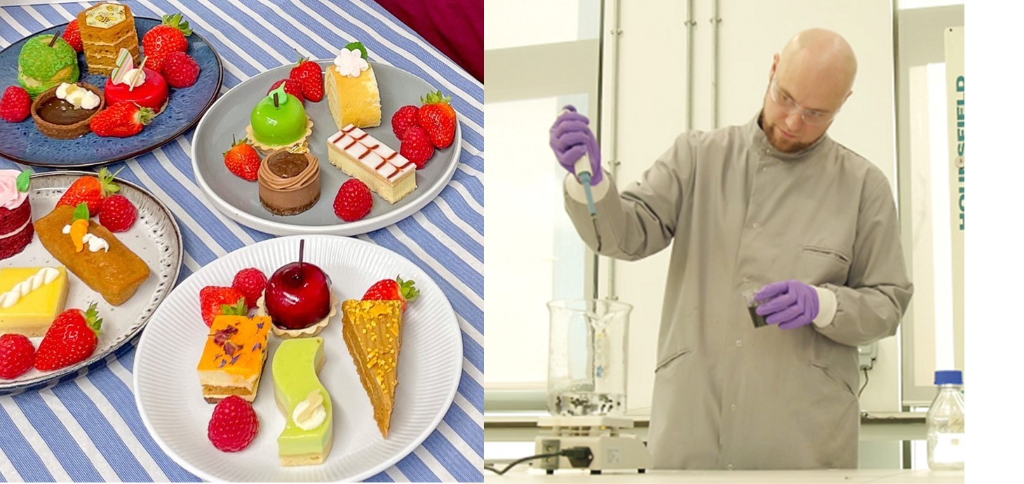 Cacennau La Creme Patisserie; Dr Chris Charles o Lux Biotech yn y labordy. O ganlyniad i'r berthynas, mae elifiant o ffatri La Creme bellach yn cael ei gasglu a'i anfon i Lux Biotech, lle caiff ei ddefnyddio i dyfu'r bacteria sydd wrth wraidd eu cynhyrchion.