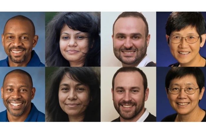 Dwy res o luniau pen ac ysgwyddau pedwar o bobl