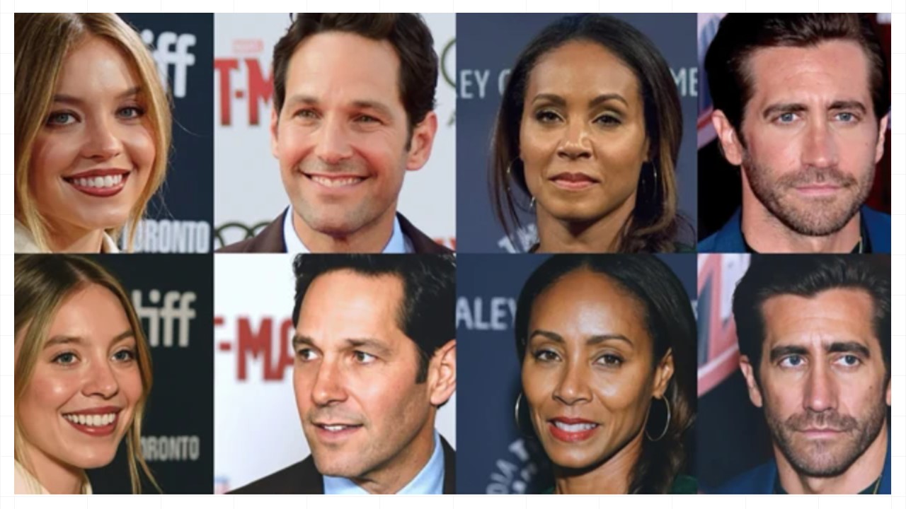 Dwy res o luniau pen ac ysgwyddau pedwar o bobl