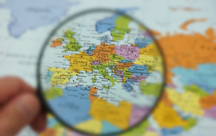 Close up of Europe on a map