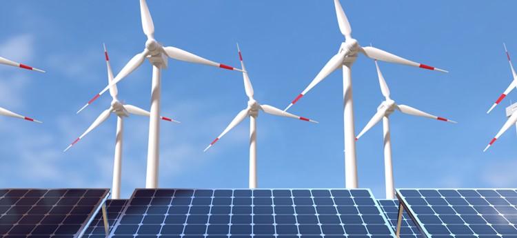 Solar panels and wind turbines on blue sky