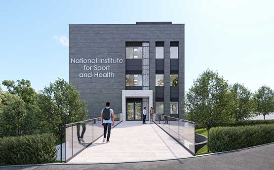 A CGI image of the front of the new NISH building at Sketty Lane, Swansea University