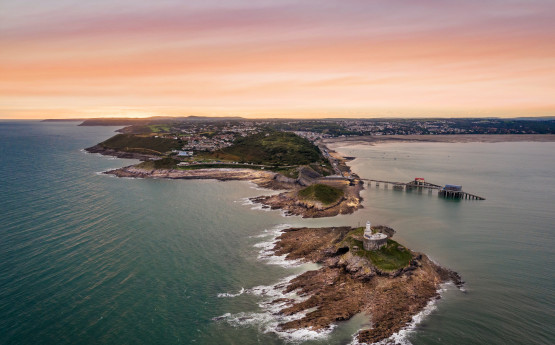 Aerial shot of Mumbles at dusk