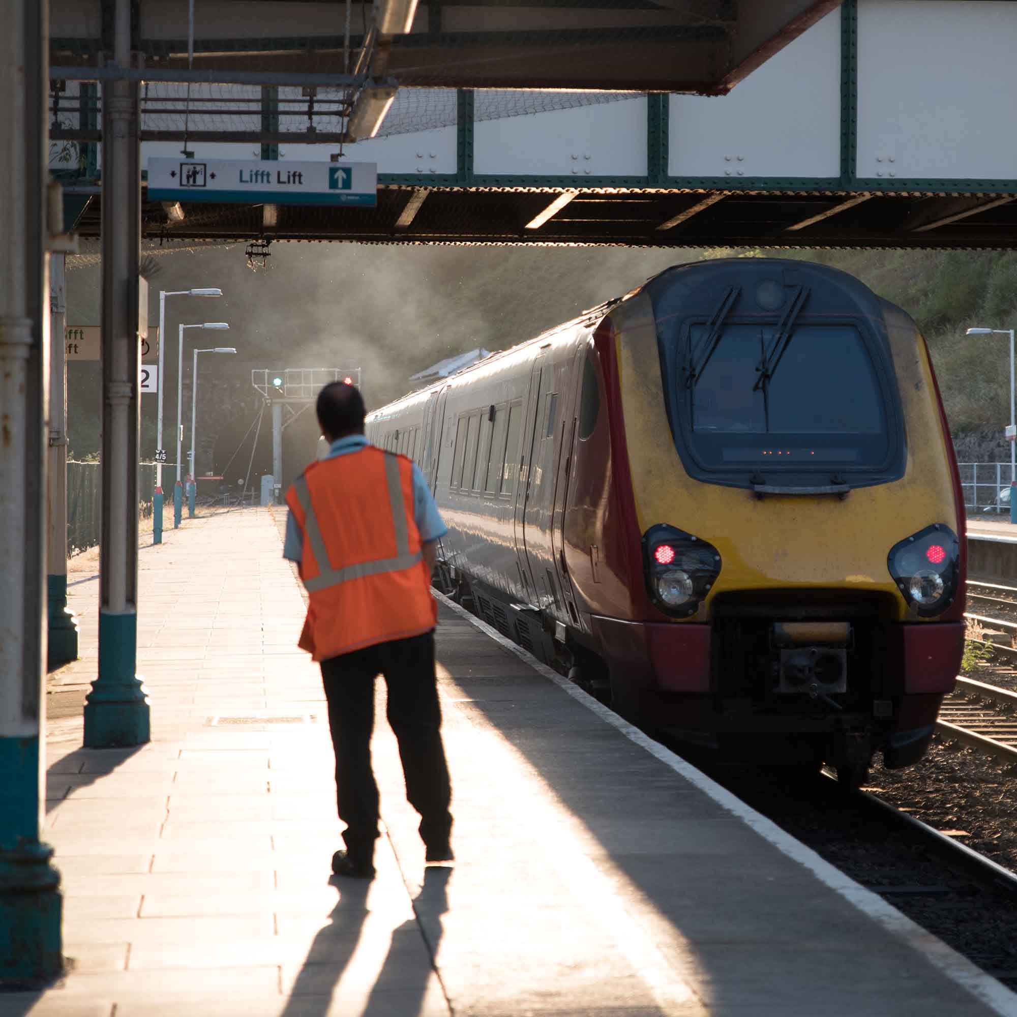 A train at a stop in Wales