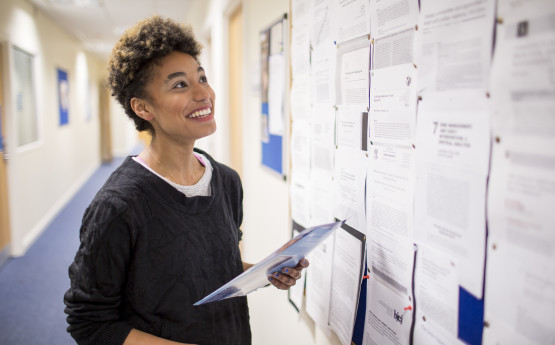 A trainee teacher looking at a noticeboard