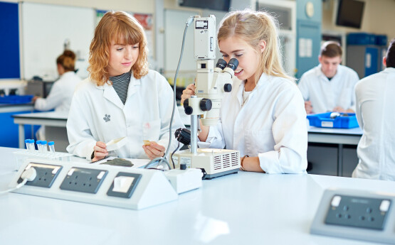 Geography Students in Lab looking through Microscopes