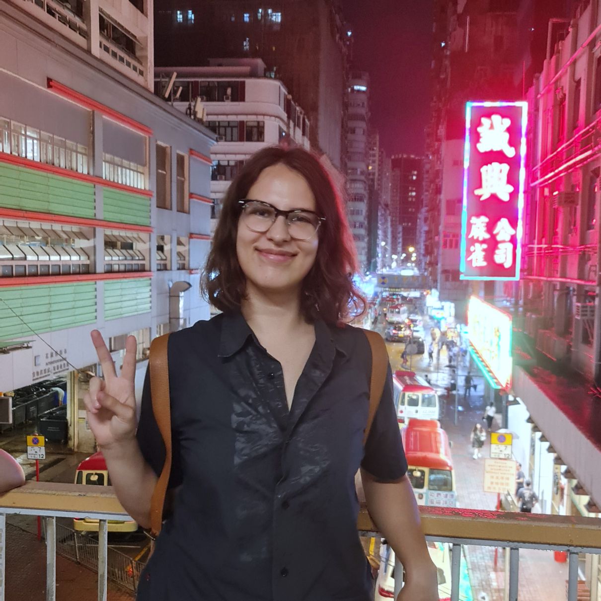 Emiljia in front of Hong Kong landscape