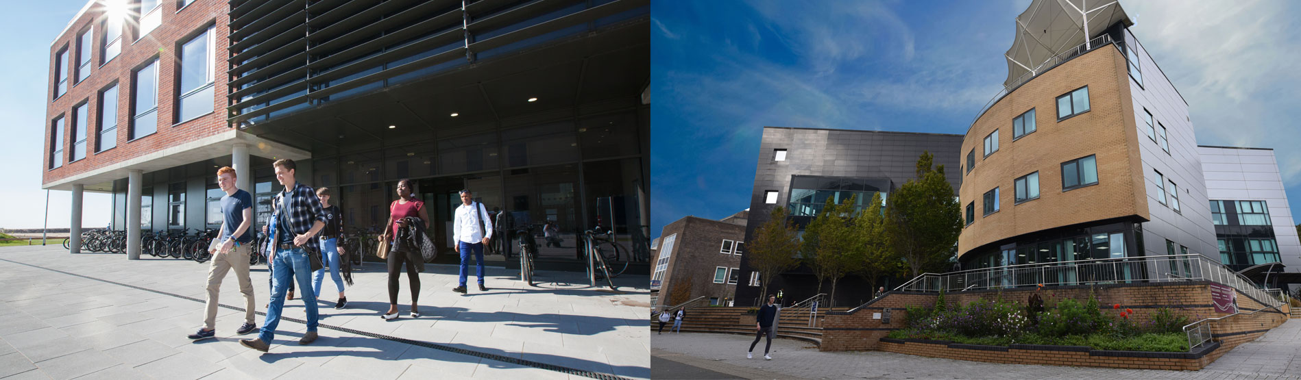 Students in front of the School of Management and external view of the School of Management