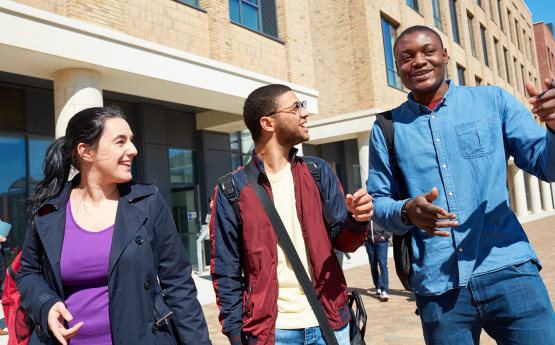 Students walking and talking on Bay Camps