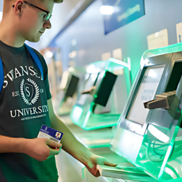 A student using the library kiosks that require an ID card.