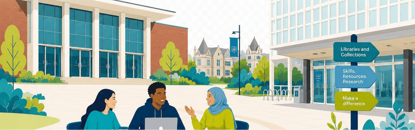 Three students collaborating in a project in front of both Bay Campus library (left) and Singleton Park library (right).