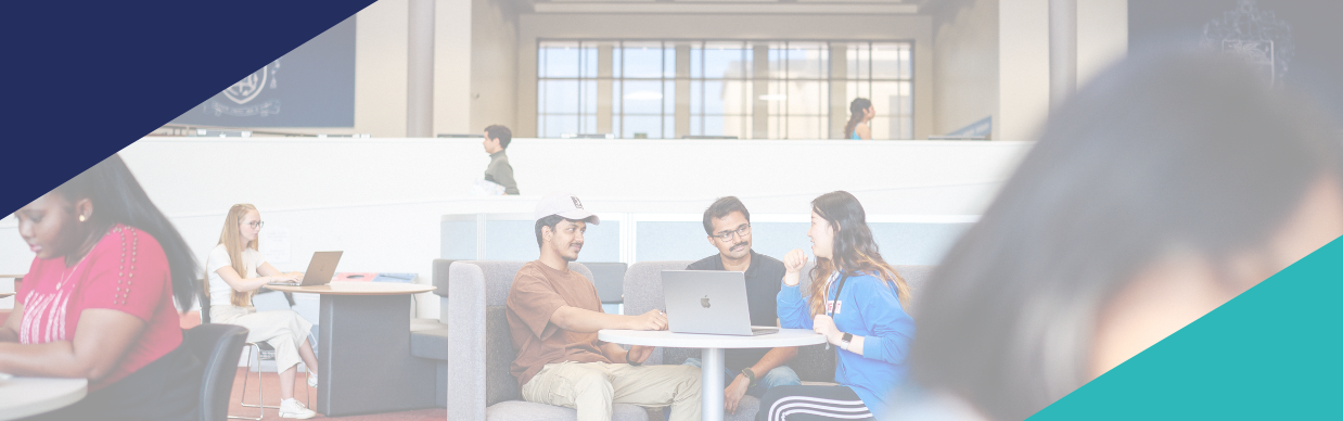Student news article banner. Students sat studying in the Bay Library with geometric shapes on the graphic.