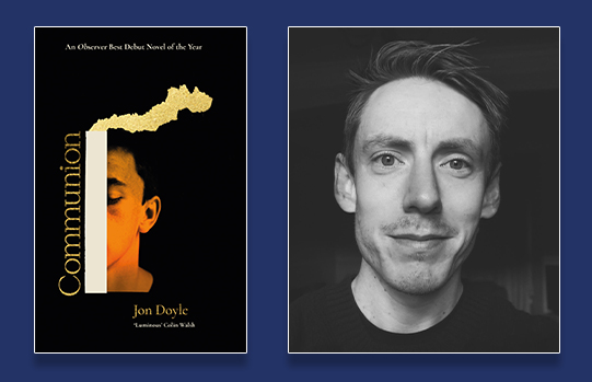 Image composite consisting of book jacket of 'Communion' on left and headshot of Jon Doyle on right