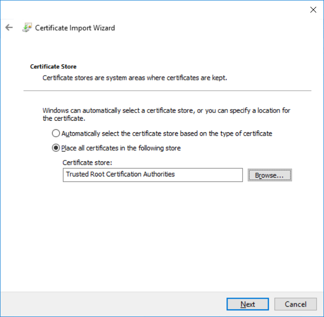 The Certificate Import Wizard Window showing the store where the certificate is to be kept within the device.