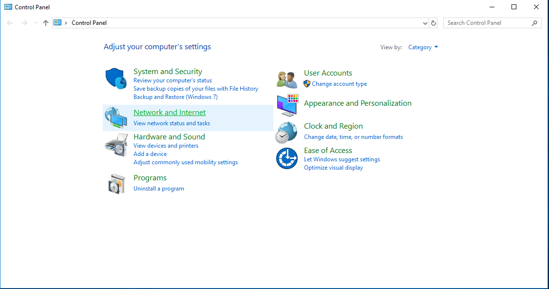 The Control Panel home Screen Window with Network and Internet Highlighted.