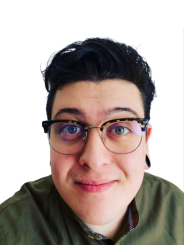 A headshot photo of a dark haired white male wearing glasses and a green shirt.