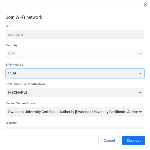 Sgrinlun o hanner uwch y sgrin Ymuno a Rhwydwaith Wi-Fi, sy'n dangos y gosodiadau canlynol: SSID - eduroam; Diogelwch - EAP; dull EAP - PEAP; Dilysu cam 2 PEAP - MSCHAPV2; Tystysgrif Awdurdod Ardystio'r Gweinydd - Awdurdod Tystysgrif Prifysgol Abertawe.