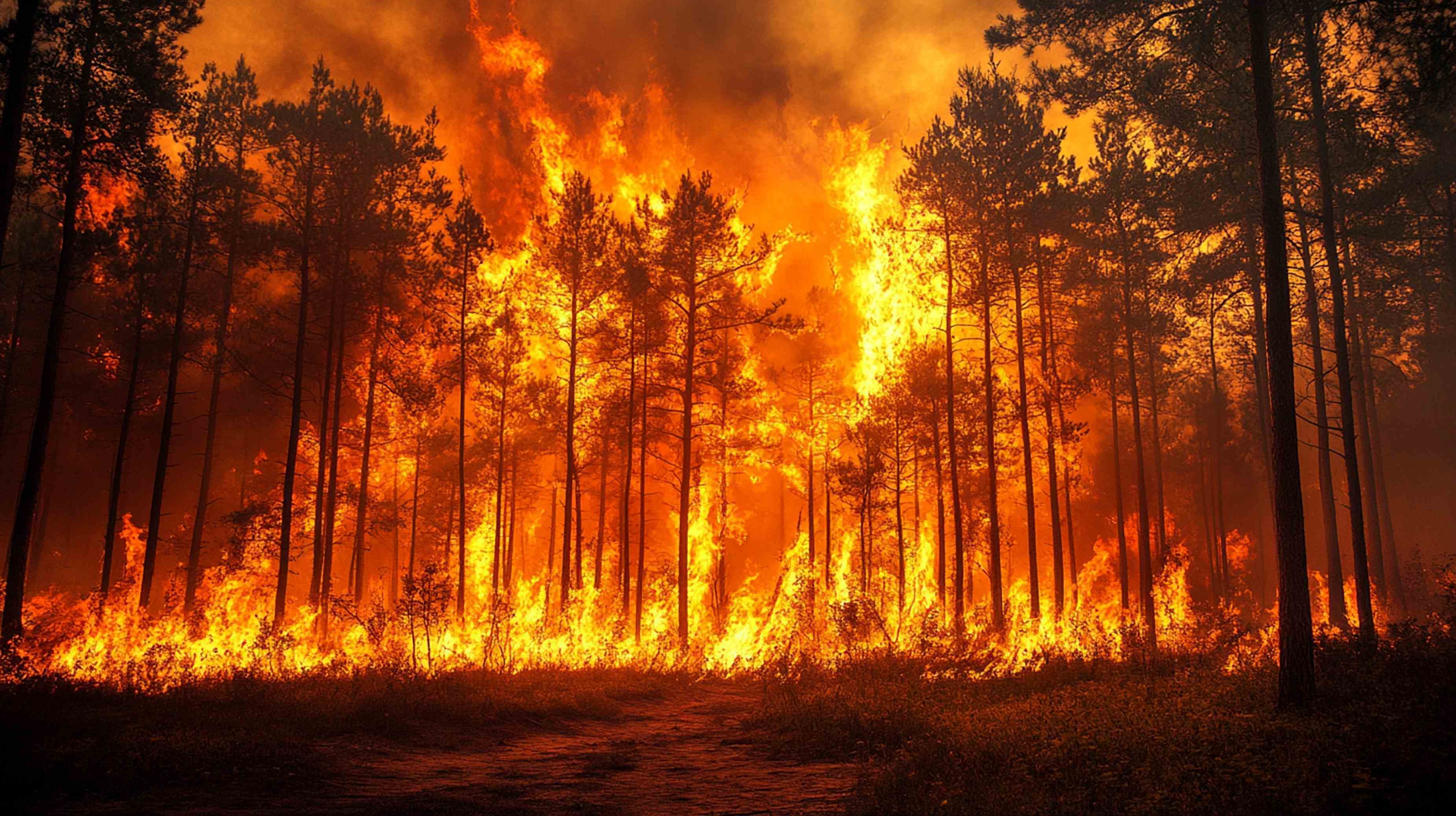 A large wildfire burns intensely through a forest, with tall flames engulfing trees and thick smoke filling the air.