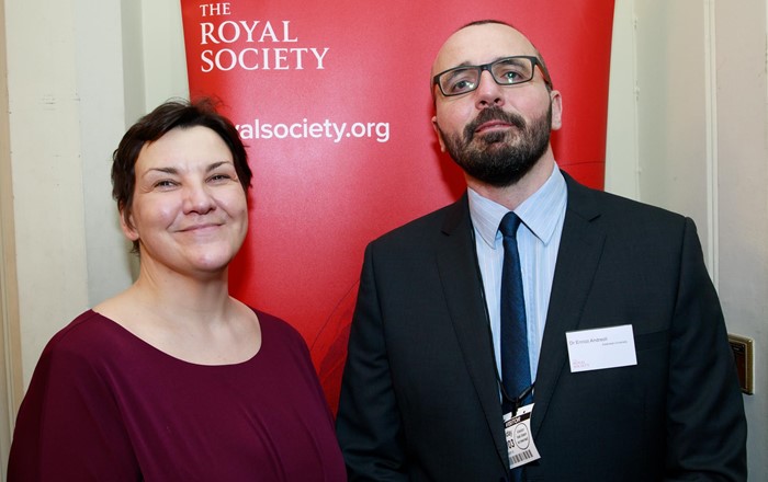 Gower MP Tonia Antoniazzi with Dr Enrico Andreoli at a Westminster reception for all the participants in the Royal Society pairing scheme 