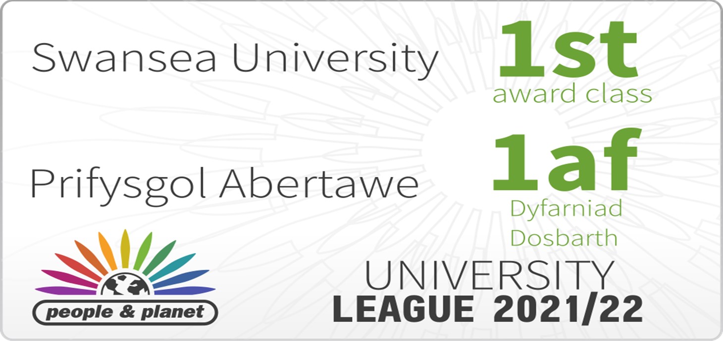 Badge showing that Swansea University is in the first class - and the top ten - of UK universities, for environmental and ethical issues, according to the new league table compiled by People and Planet, published by The Guardian. 