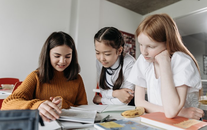 Three young schoolgirls in a classroom studying at a desk 