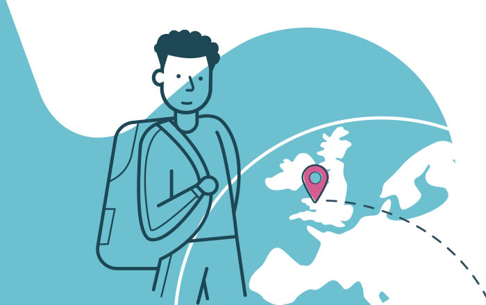 Illustration of a teenage boy holding a backpack with a map of Wales in the background