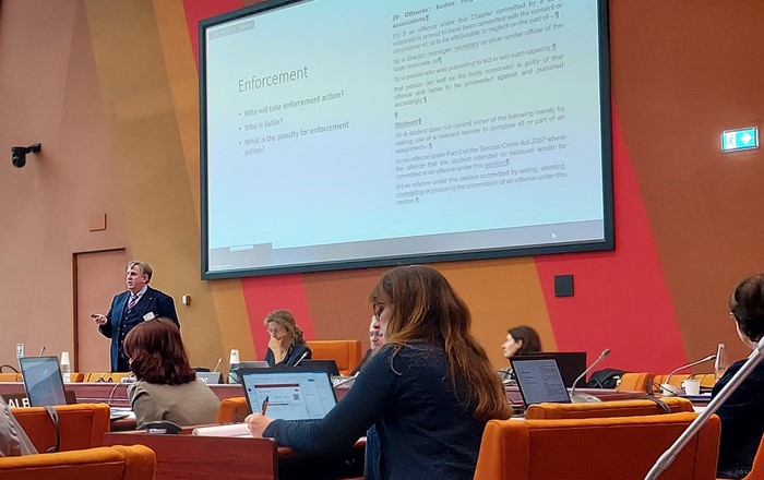 Man standing delivering a presentation in a conference room.