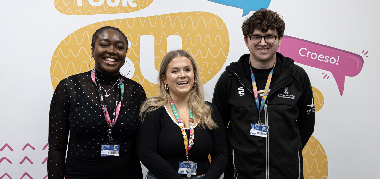 Swansea University Student's Union's Welfare Officer Abigail Egwuatu, President Esyllt Rosser, and Student Groups and Engagement Coordinator Tom Weller. 