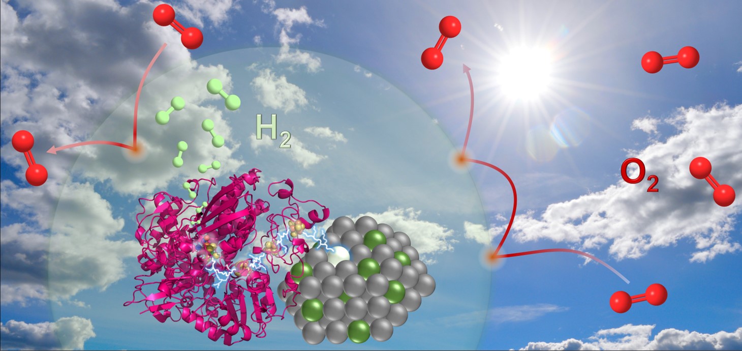 Blue sky with clouds superimposed with chemical elements