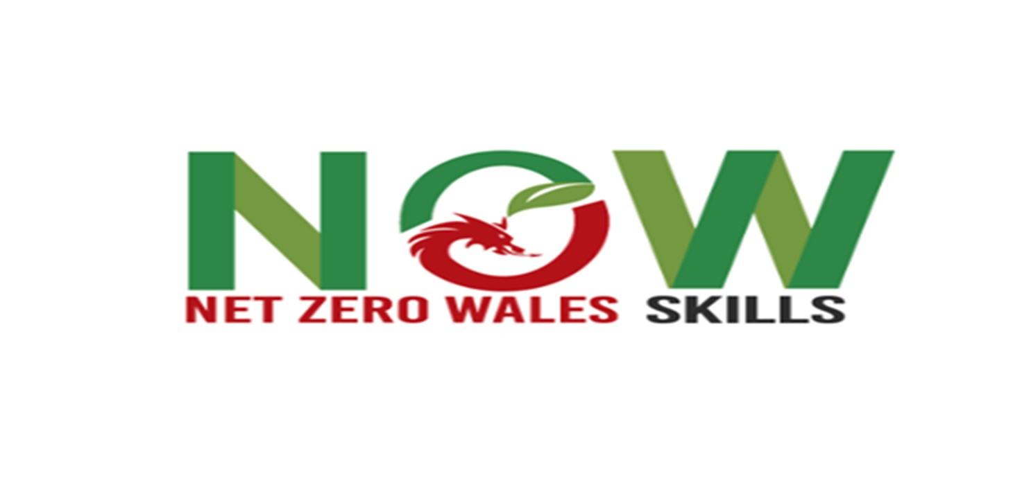 The NOW Net Zero Wales Skills logo is green with the ‘O’ in NOW incorporating a red Welsh dragon and green leaf. 