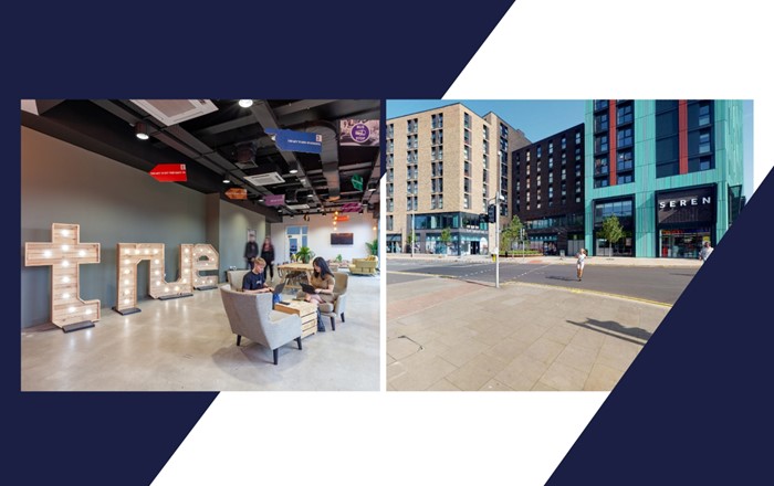 Blended image of reception area of true student accommodation with students working at computers and others walking through with an exterior shot of the Seren accommodation building.