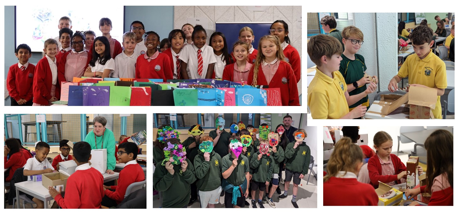 Three photos of school pupils taking part in indoor art activities.